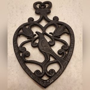 Bird and Flowers Heart Shaped Vintage Cast Iron Distelfink Trivet